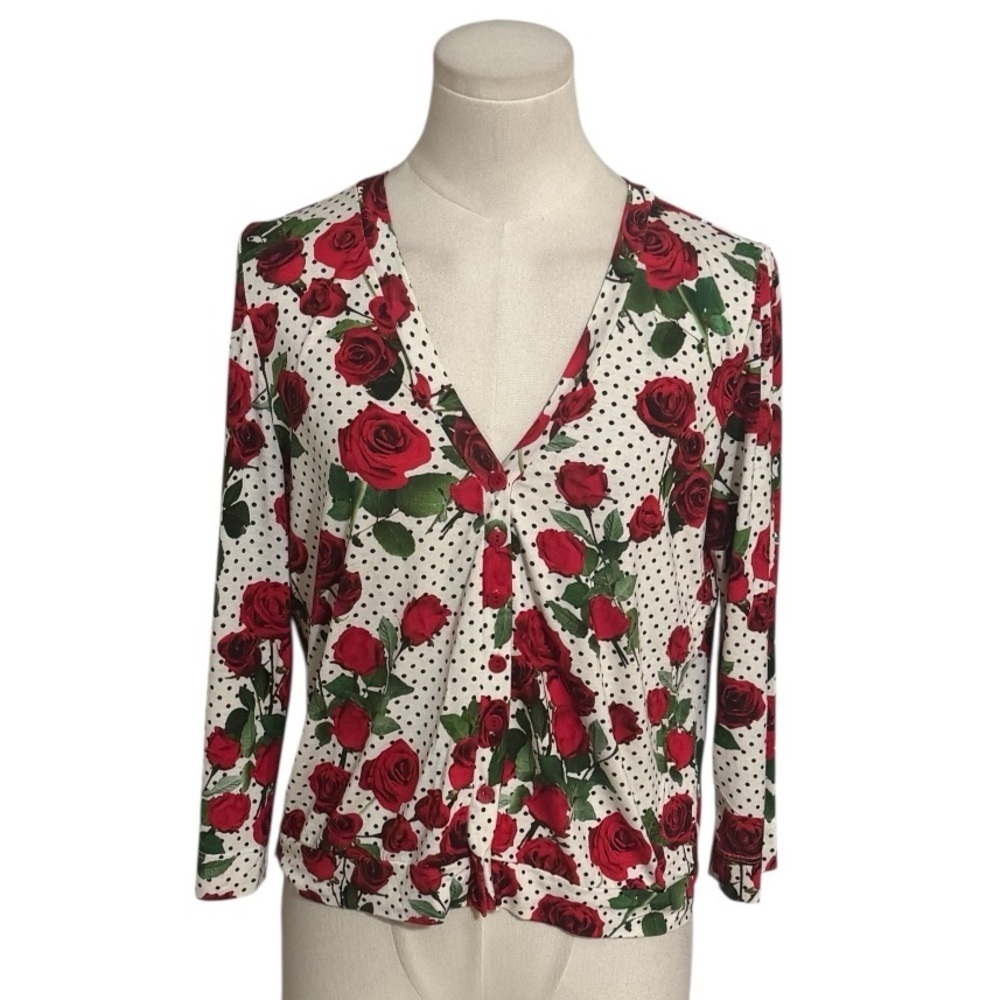 Isabel de Pedro Red Floral Rose Black White polka Dot V-Neck Top Shirt 12 L Crop